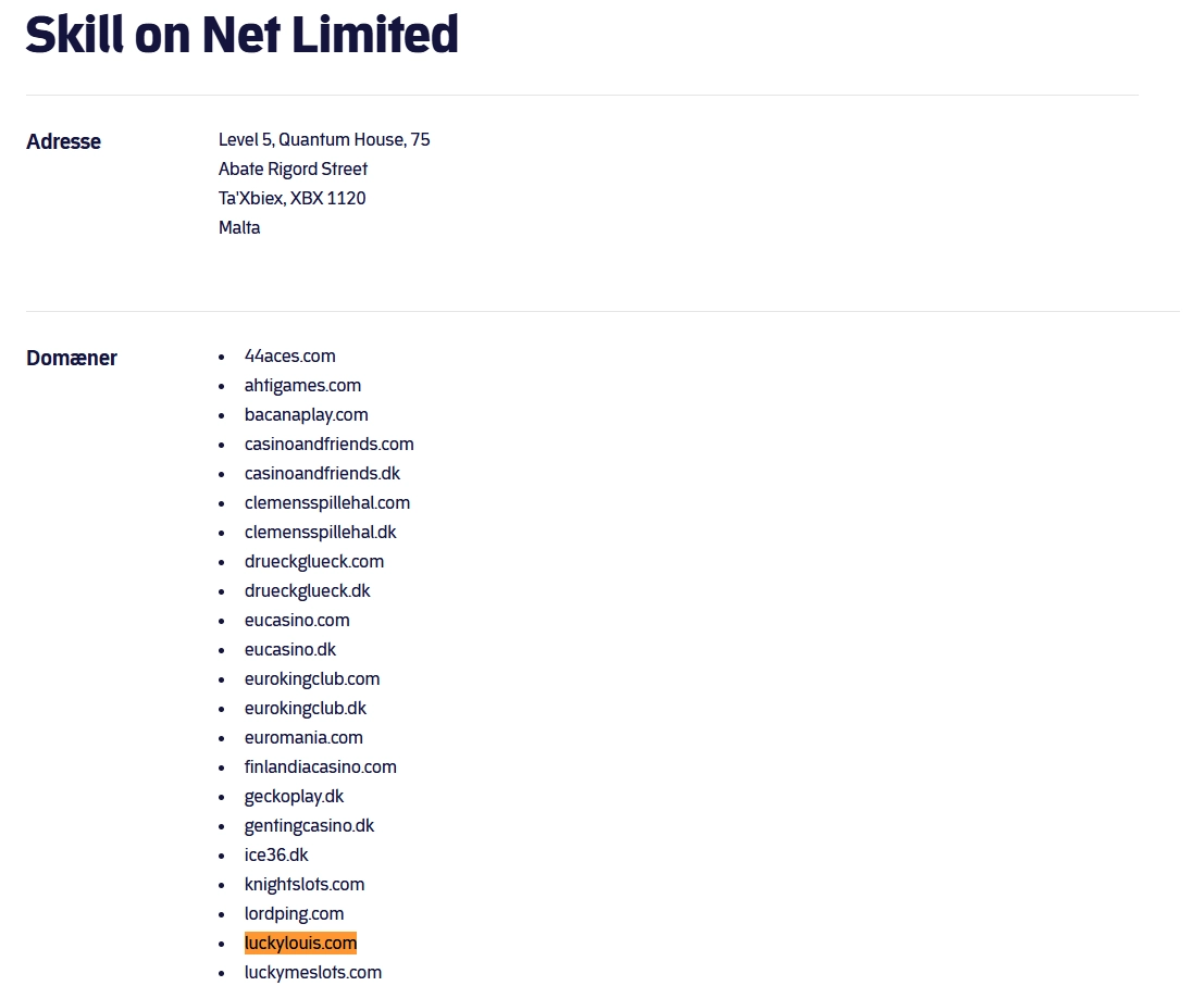 Spillemyndighedens register med Skill On Net Limited og luckylouis.com